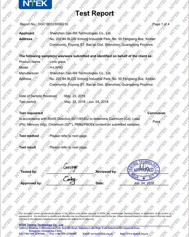 Lens Glass RoHS Certificate